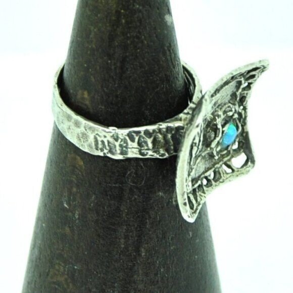 Artisan Sterling Silver Blue Opal Flower Ring – Hand Hammered, Size 7.5 - Picture 5 of 15